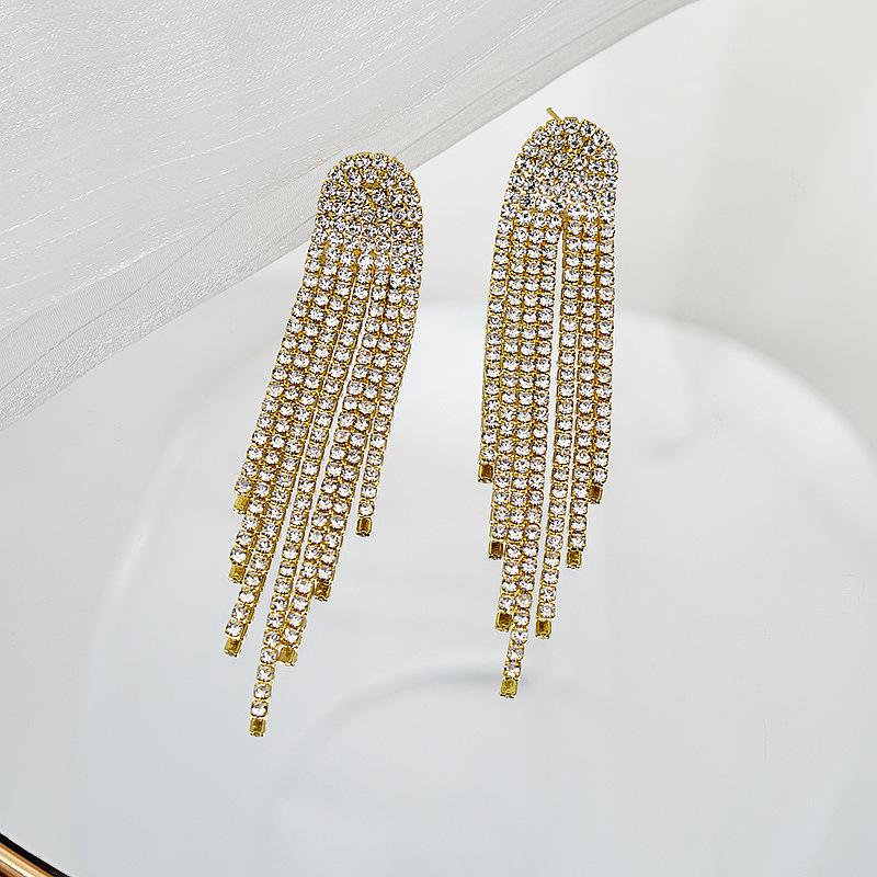European and American Long Fringed Rhinestone Exaggerated Earrings, Earrings, Personalized Women's Earrings