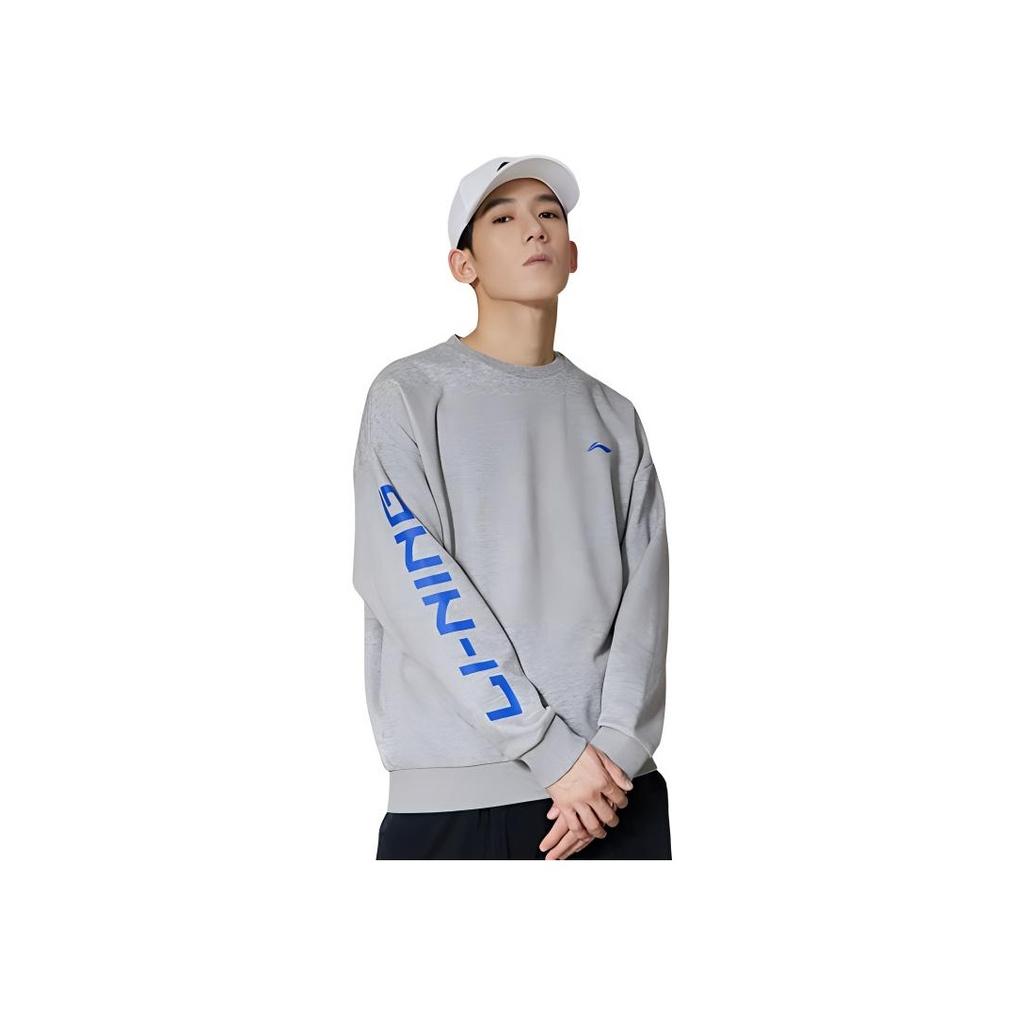 Li Ning Training Series Logo Print Warm Fleece Loose Pullover Sweatshirt Unisex Sweatshirt Gray AWDRF44-5