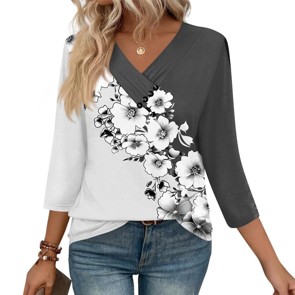 Women's Print Top Button-down V-neck T-shirt 3/4 Sleeve Loose Fashion Top