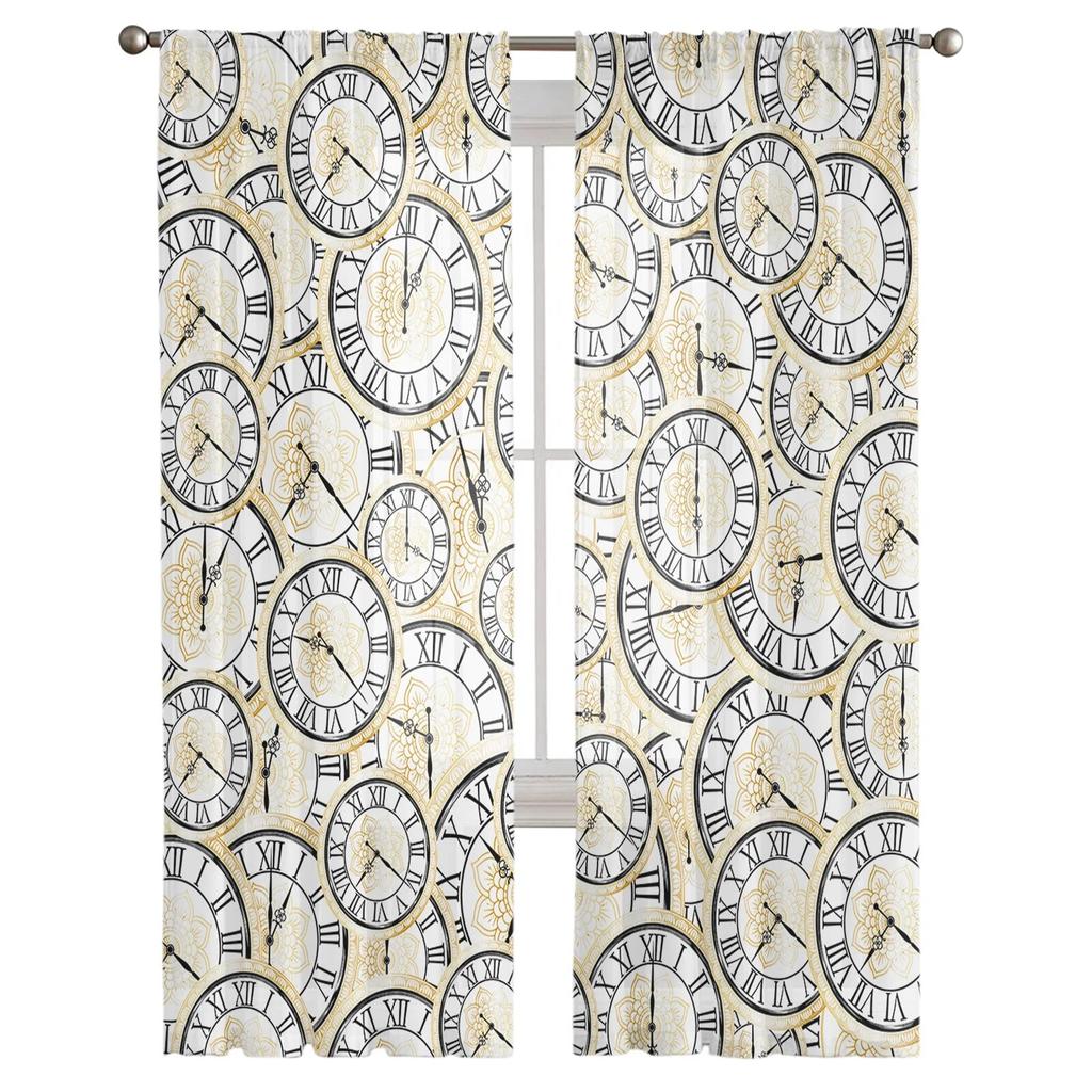 Květinové tylkové závěsy s hodinami pro obývací pokoj Průhledný závěs pro okno ložnice Žaluzie Voile závěsy