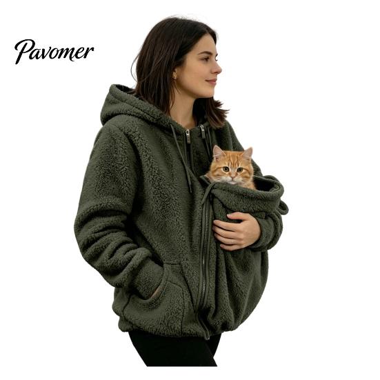 Hands Free Dog Holder Pet Pouch Zip-up Hoodie for Women, Cat Carrying Pocket Hooded Kangaroo Sweatshirt Sweatshirt, Winter Warm Fleece Long
