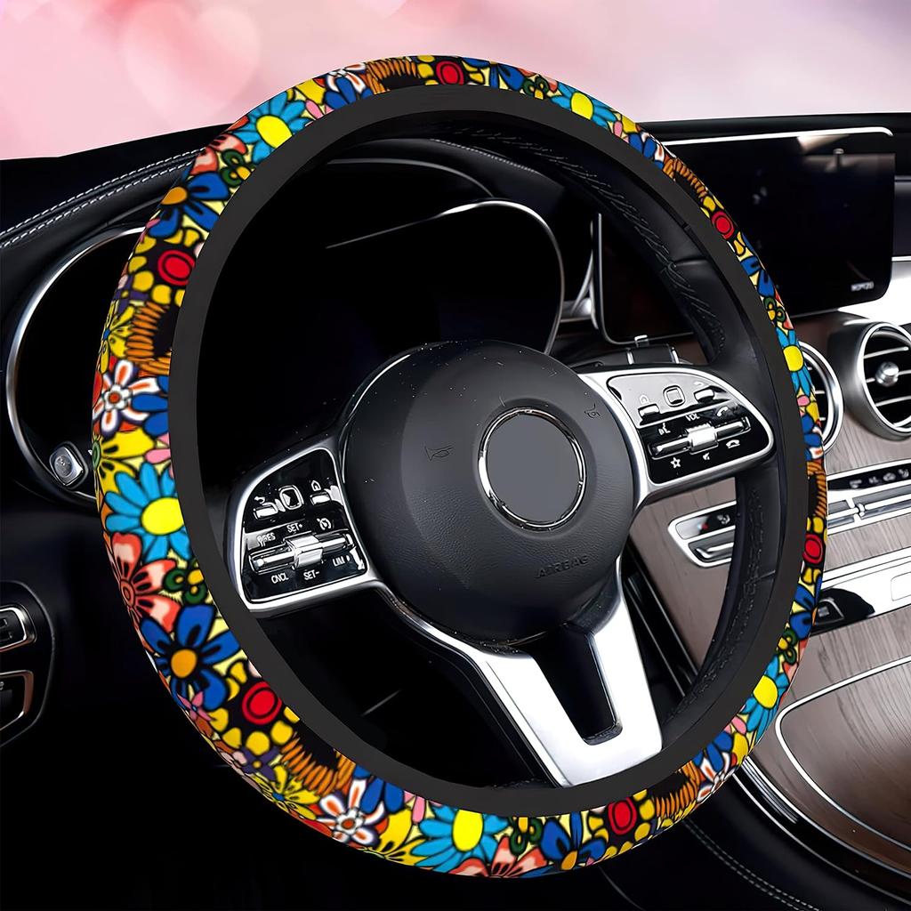 Sage Green Hippie Flower Auto Car Steering Wheel Cover Universal 15 Inch Neoprene Interior Decor Protection Accessories