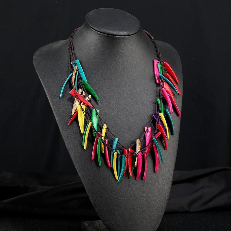 Vintage Bohemian Coconut Shell Wood Necklace Woven Long Multilayer Colored Women's Sweater Chain Vacation Accessories