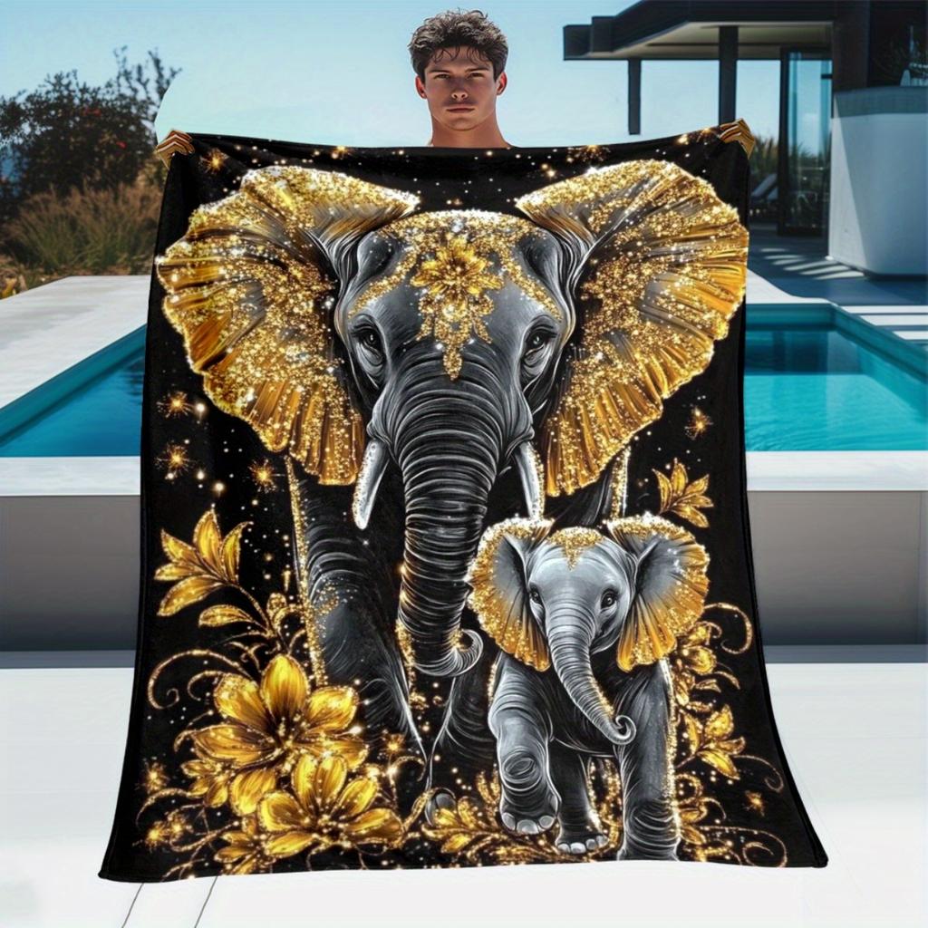 1pc Elephant with Intricate Patterns Flannel Throw Blanket - Lightweight Soft Warm All-Season Digital Print for Sofa, Camping, B
