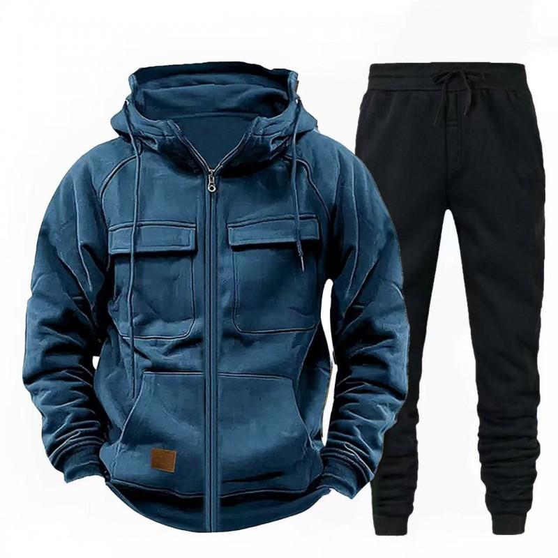Mens Hooded Zip-Up Workwear Sweatsuit Set Long Sleeve Top Pants Fall Casual Two-Piece Outfit