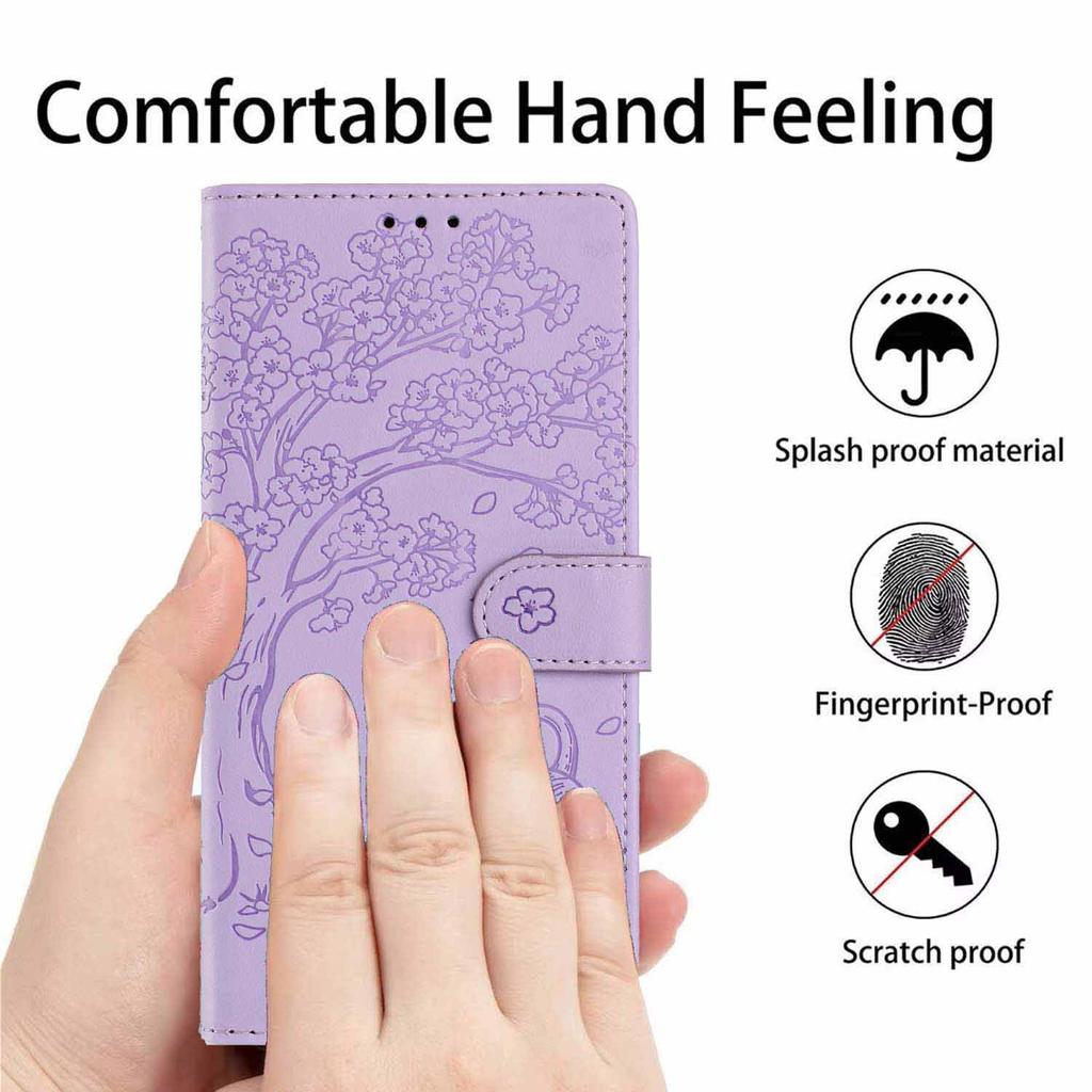 For Samsung Galaxy A37 5G Stand Case Tree-and-Cat Pattern PU Leather Wallet Protective Phone Cover with Wrist Strap