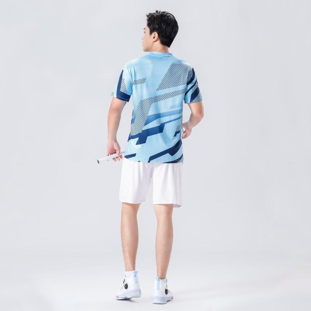 Anmurye Table Tennis Short Sleeve Sports Game Shirt with Abstract Geometric Badminton Strength Practice Stylish Summer Light Blue Size L Men's
