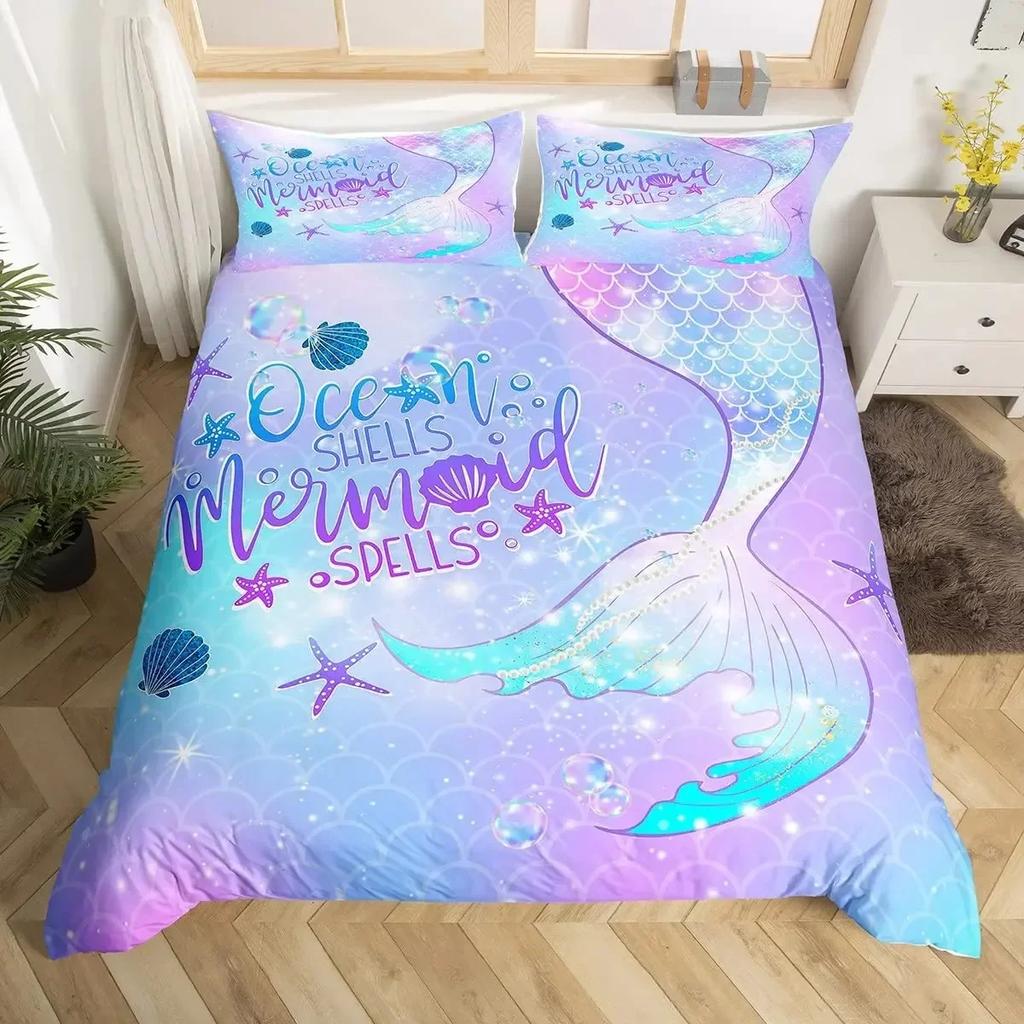 Mermaid Tail Fish Scales Girly Shell Starfish Comfortable Duvet Quilt Cover Pillowcase Bedding Set Children Bedroom Home Textile