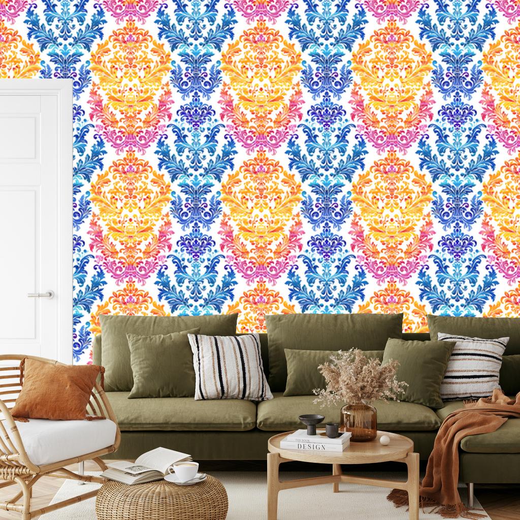 Baroque Damask Wallpaper Cream, Blue and Azure 50x1000