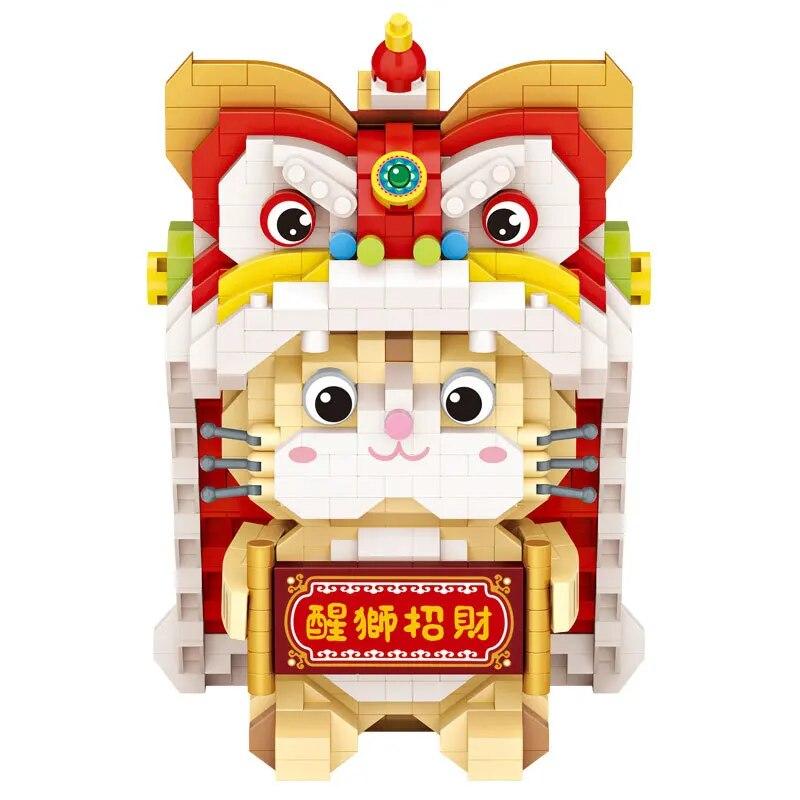 Mini Animal Cat Building Blocks DIY Lucky Cat Lion Dance Doll Model Assembly Toy Suitable for Home Decoration and Holiday Gifts No Box
