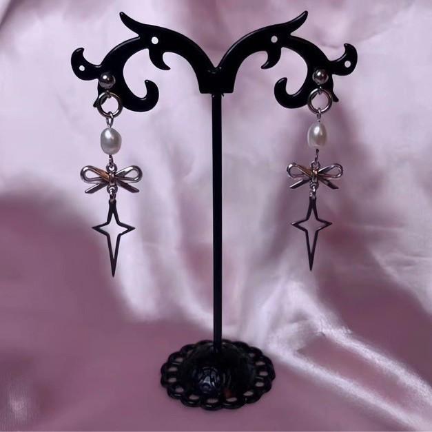 Goth Personality Sliver Color Stainless Steel Bowknot Cross Hollowed-out Awn Star Tassel Dangle Earrings for Women Punk Jewelry