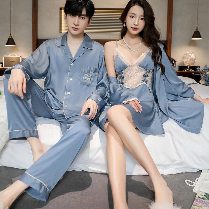 Couple pajamas women's silk spring and autumn thin sexy nightgown nightdress suspender two-piece set summer men's ice silk suit