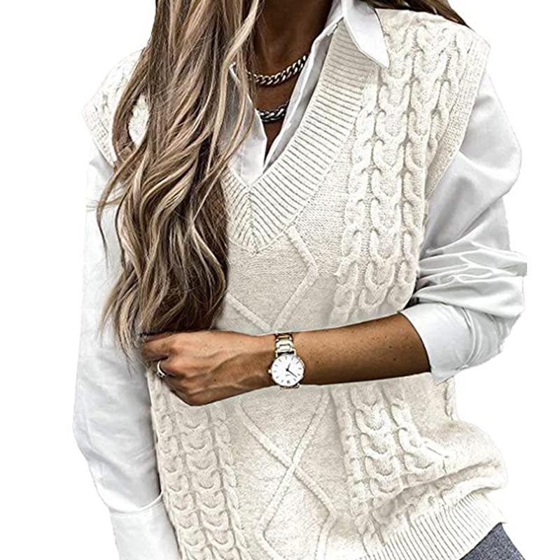 Nuovo maglione autunno/inverno da donna, gilet largo alla moda, maglione a trecce senza maniche con scollo a V ampio, stile europeo e americano