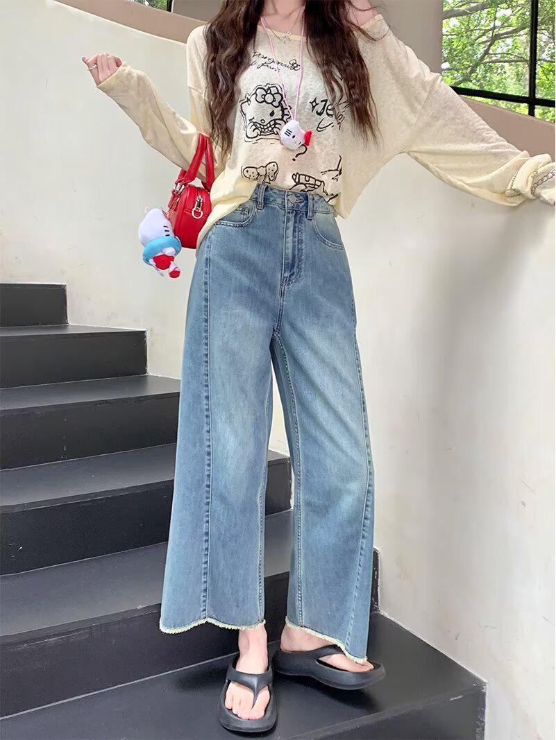 

Women s High Waist Wide Leg Jeans - 2025 New Washed Casual Straight Cut with Raw Hem 3XL світло-синій колір