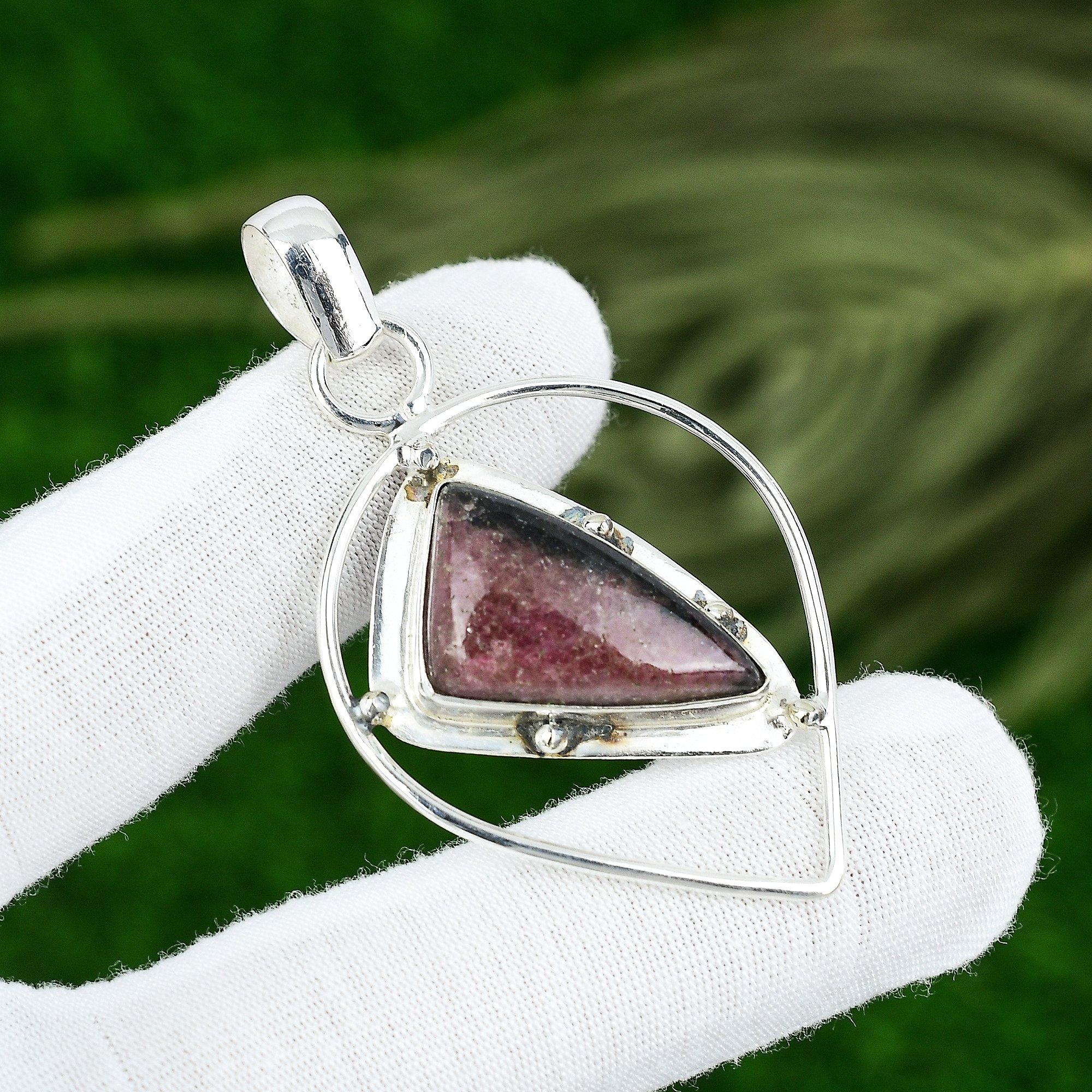 

925 Silver Trillion Heart Chakra Natural Rhodonite Boho Anniversary New Pendant