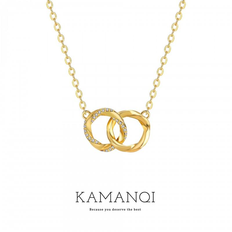 Gold Plated Geometric Double Ring Pendant Necklace With Cubic Zirconia Women Minimalist Twist Design Lightweight Chain Gold