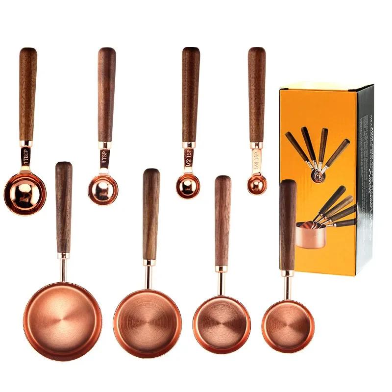 4pcs Kitchen Tools Measuring Spoons Cups Set Wood Handle Stainless Steel Teaspoon Coffee Sugar Scoop Cake Baking Cooking Gadgets