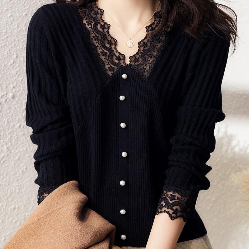 

Lightly Mature Italian Lace Knit Long Sleeve Top - Women s European Autumn Style XL чорний