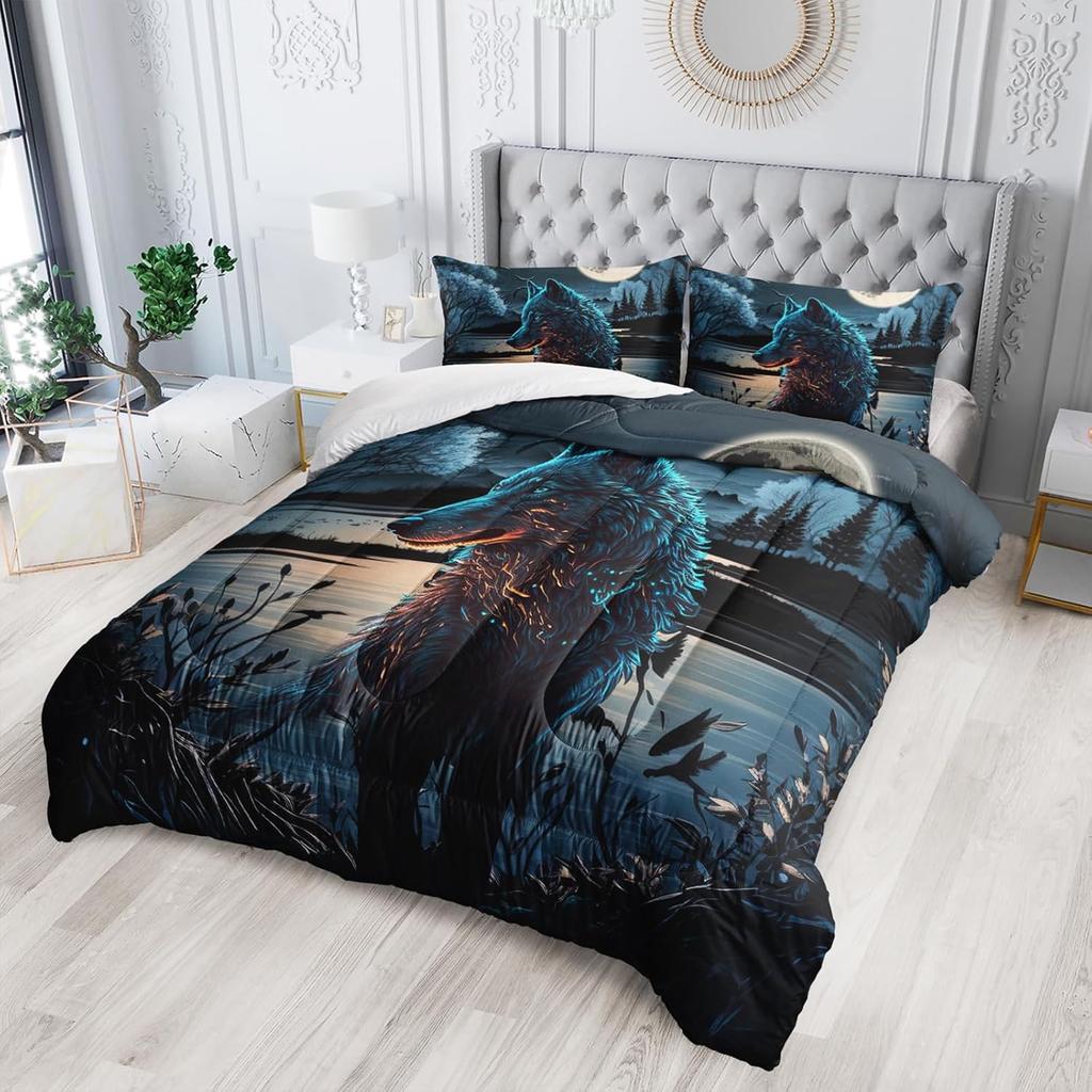 3D Cartoon Wolf Queen Size Bedding Set, with Patterns Mainly Featuring the Moon and Cartoon Wolves, Suitable for Room Decoration