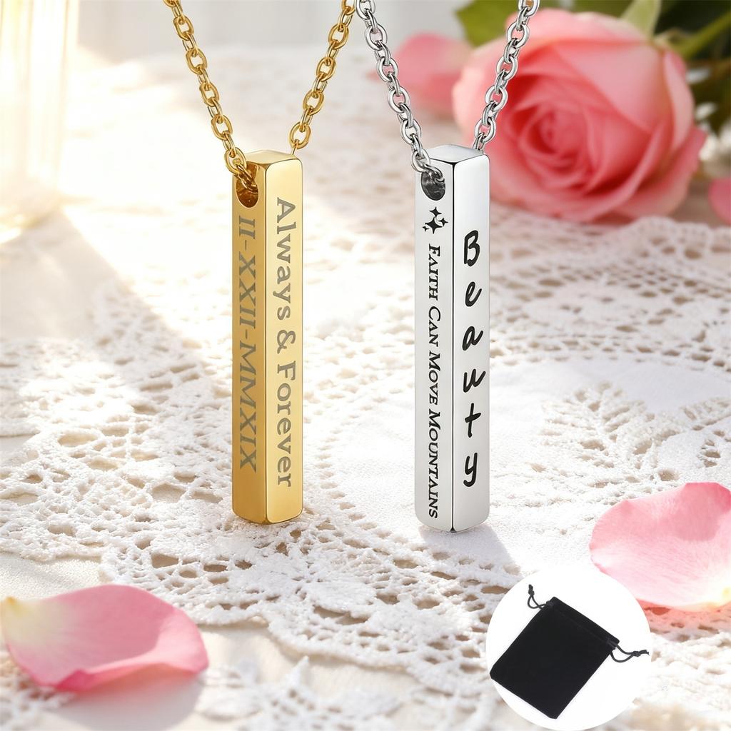 Customized Name Quotes Date Multi Sided Engraved Necklace Stainless Steel Personalized Cube Bar Necklace Fashion Couple Jewelry