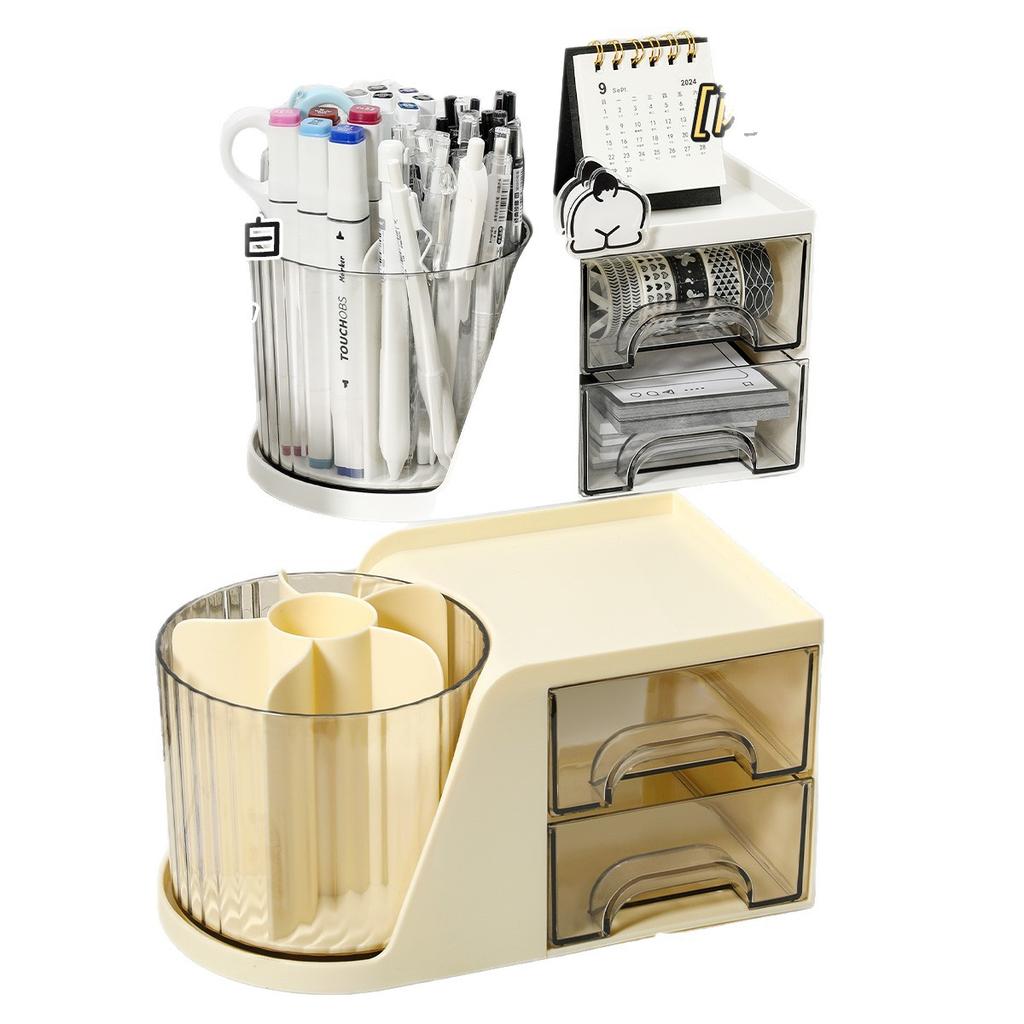 Rotating Pen Holder Large Capacity Desk Organizer with Drawer 360° Spinning Pencil Stand for Office School Home