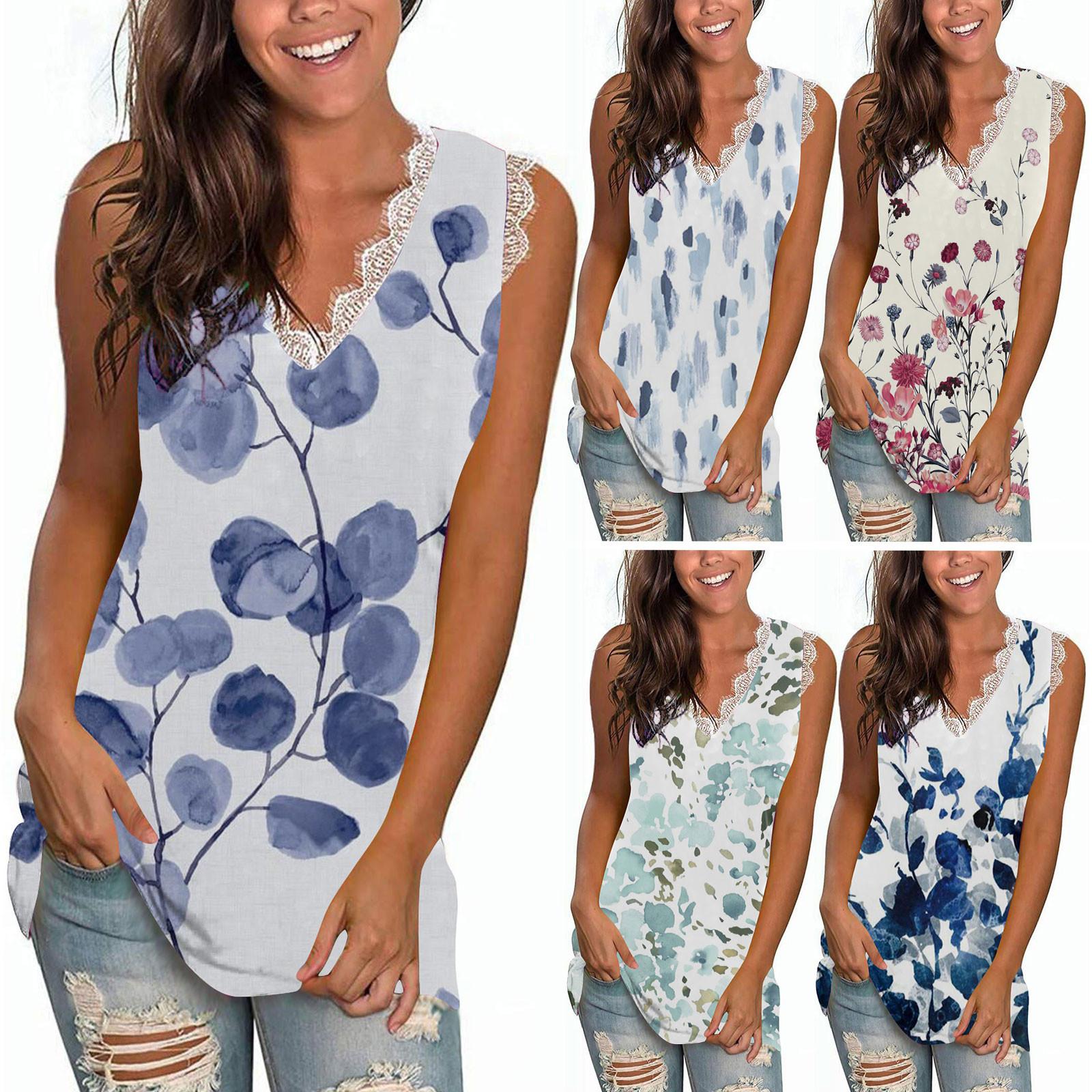 

Женщины Свободный V-образный вырез Без рукавов Футболки Кружева Пуловер Танк Топы