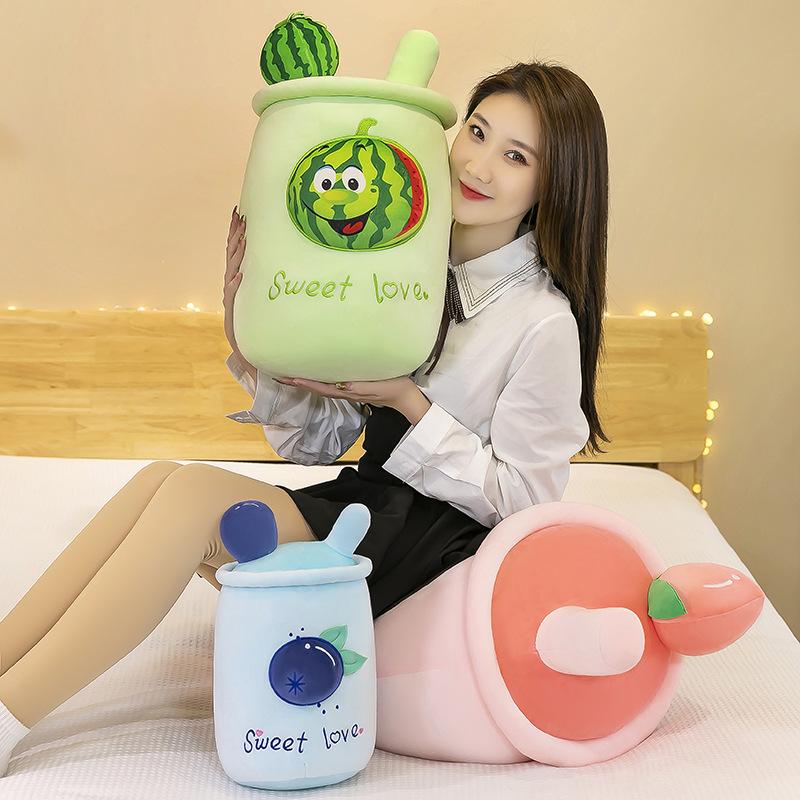 Creative fruit milk tea cup plush toy watermelon peach fruit cup throw pillow ragdoll doll girl gift