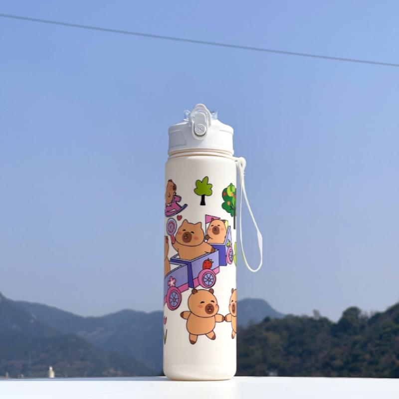 750ml Capybara Water Bottle For Kids Water Sippy Cup With Silicone Straw Leakproof Plastic Water Bottles Summer Kids Water Cup