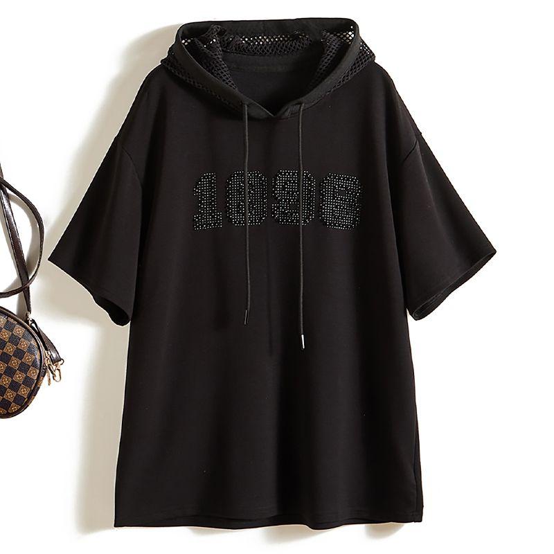 

Daily Order Export Small Amount! Import Cotton Hooded Short-Sleeved Lazy Hoodie Women s Summer Rhinestone Letter T-shirt Sweat-Absorbent Black L