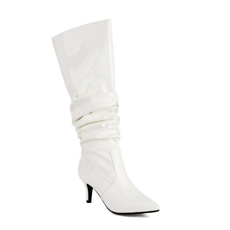 

Модные европейско-американские лакированные плиссированные золотистые серебристые длинные сапоги женские 6,5 см высокий каблук короткий плюш до колена размер 32-48 32