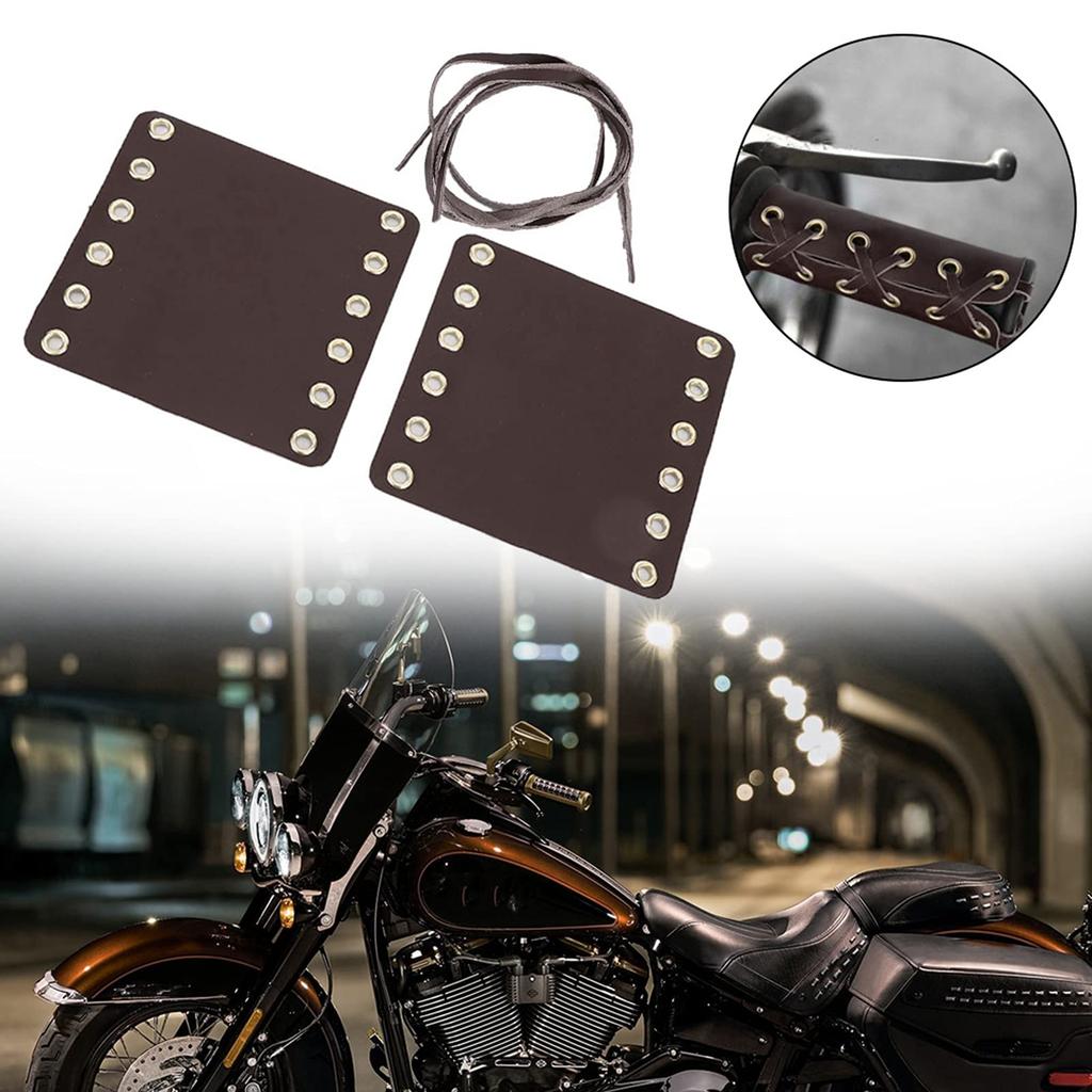 Motorcycle Grip Cover, 2 Leather Pieces, Qiilu 2PCS Motorcycle Leather Handlebar Hand Grip Cover Motorcycle Repair Accessories (Tan)