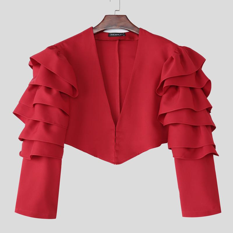 INCERUN Men V Neck Ruffled Long Sleeve Irregular Party Blazer Short Coats
