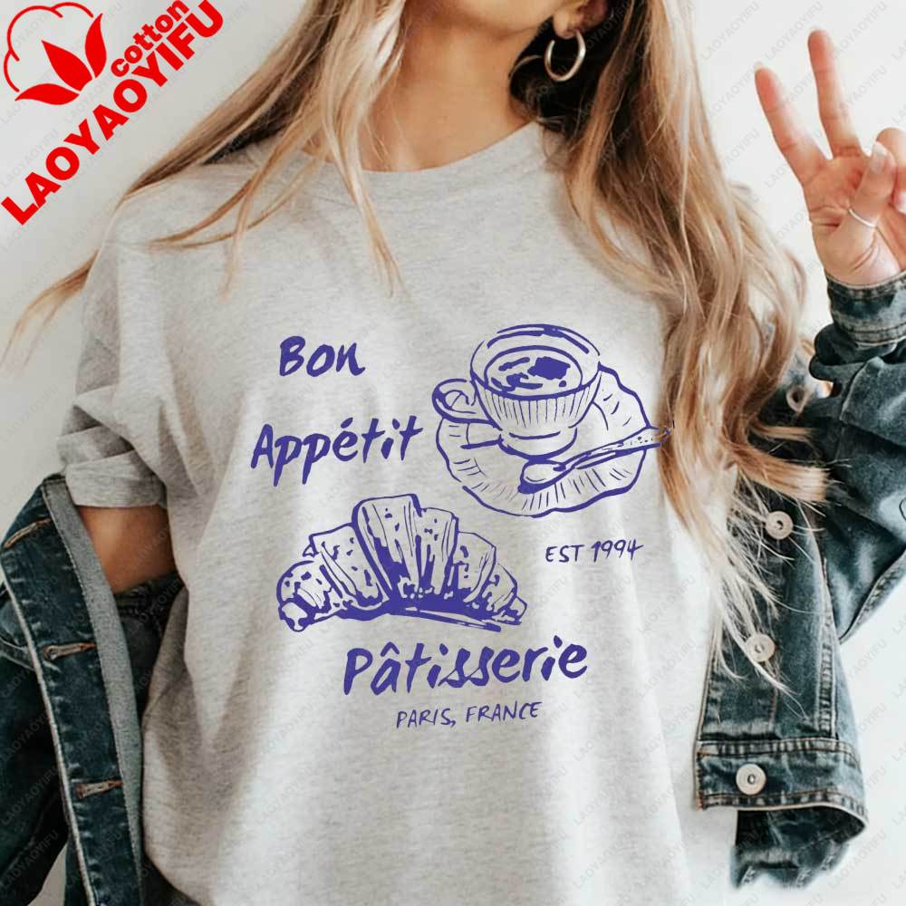 T-shirt da Donna Bon Appetit Pasticceria Parigi Francia Caffè Francese Croissant Grafica Cotone Estetica Amante del Cibo Parigino Top