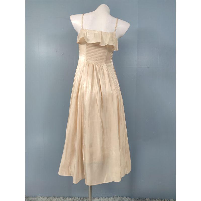 Foreign Trade on Champagne Slimming Lady Sling Bright Silk Frill Elegant Personality All-matching Frill Dress