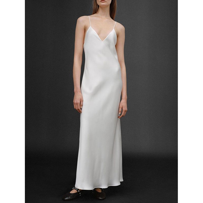 Summer Women's Evening Dress French Style V-neck Open Back Silk Satin Texture Long Midi Skirt Dress 3184371