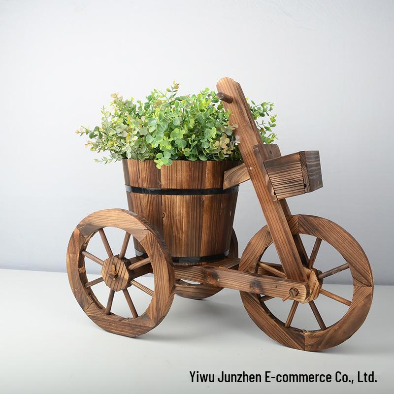 Retro Style Carbonized Wood Tricycle Planter for Succulents - European Pastoral & Japanese Inspired Decor