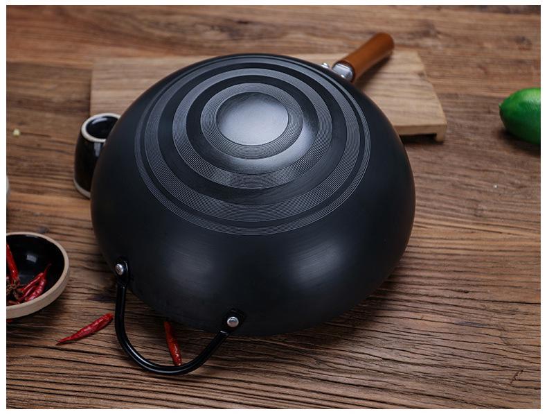 Old-Fashioned Non-Coated Cast Iron Wok, Round Bottom, Non-Slip, Non-Stick, Gas Stove Compatible, Nitrided Fine Iron.