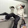Mens Vintage American Embroidered Note Stand Collar Jacket Loose Casual Youth Streetwear