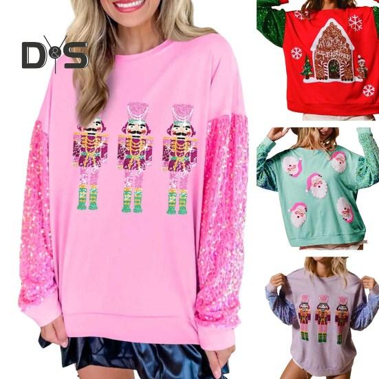 Women Christmas Sweatshirt Sequin Cartoon Pattern Round Neck Long Sleeve Loose Mid Length Pullover Party Holiday Top