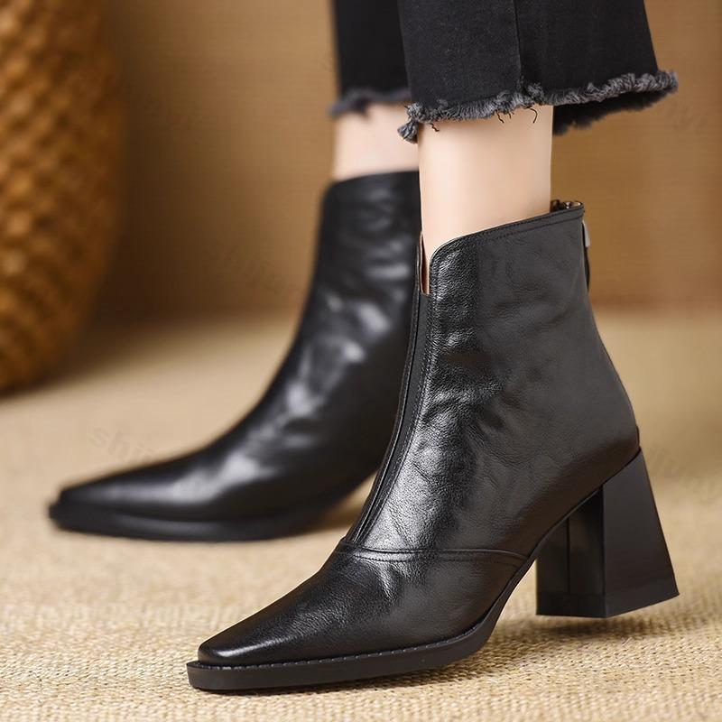 Fashion Women Ankle Boots 2025 Autumn Square Toe PU Leather High-heeled Boots Fashion Retro Zipper Square Heel Short Boots Botas Mujer