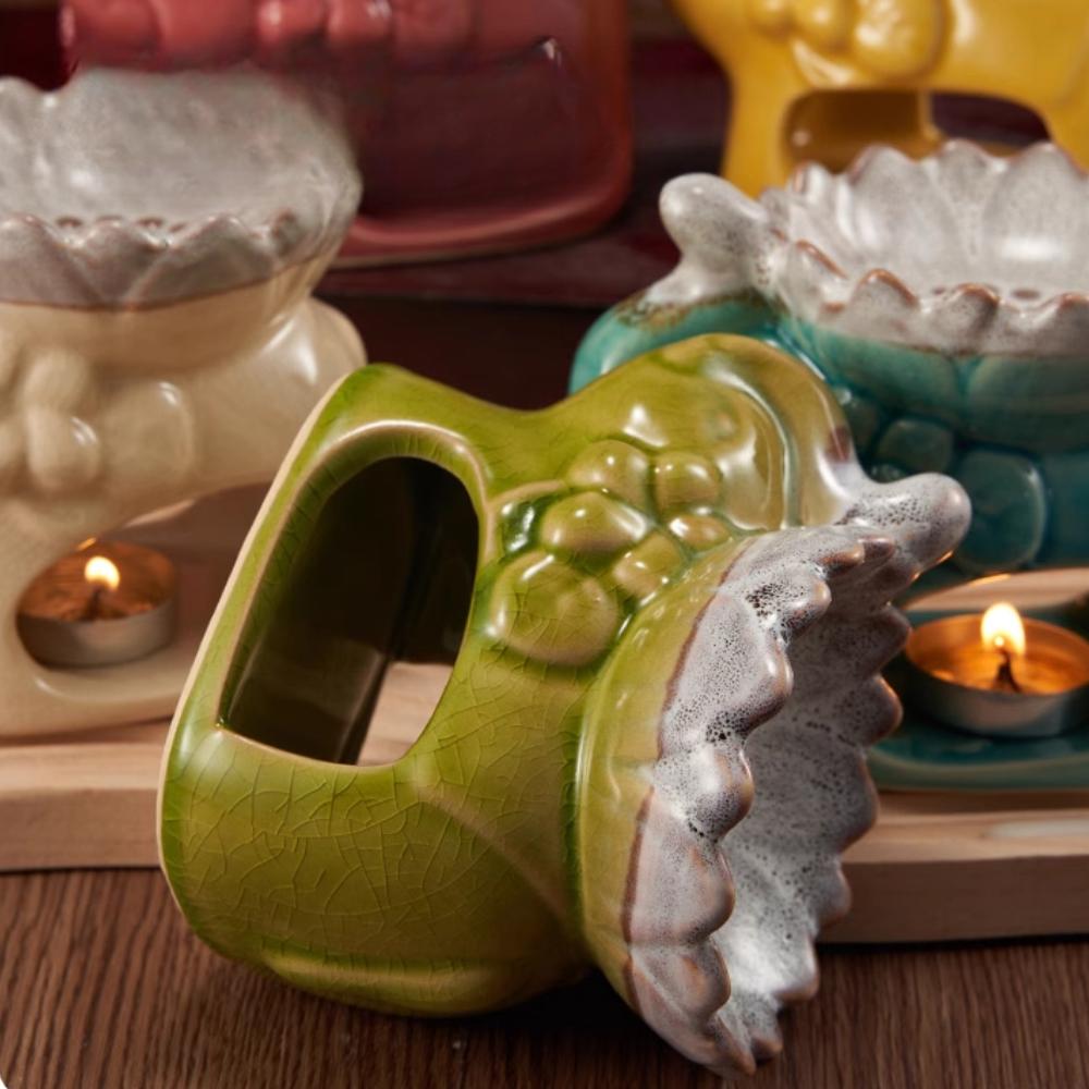 Ceramic Ice Cracking Lotus Incense Burner Elephant Shape Aromatherapy Essential Oil Aromatic Wax Diffuser Censer Home Decoration