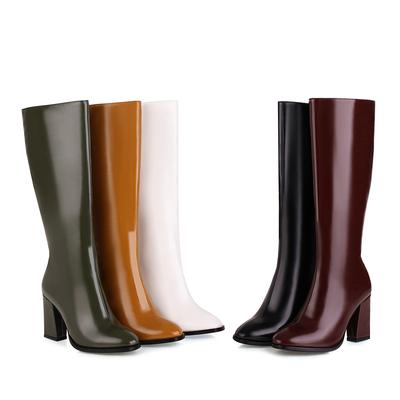 Women's High-heeled Boots, Fashion Temperament, Autumn and Winter New Thick-heeled Large-size Solid-color Medium Boots