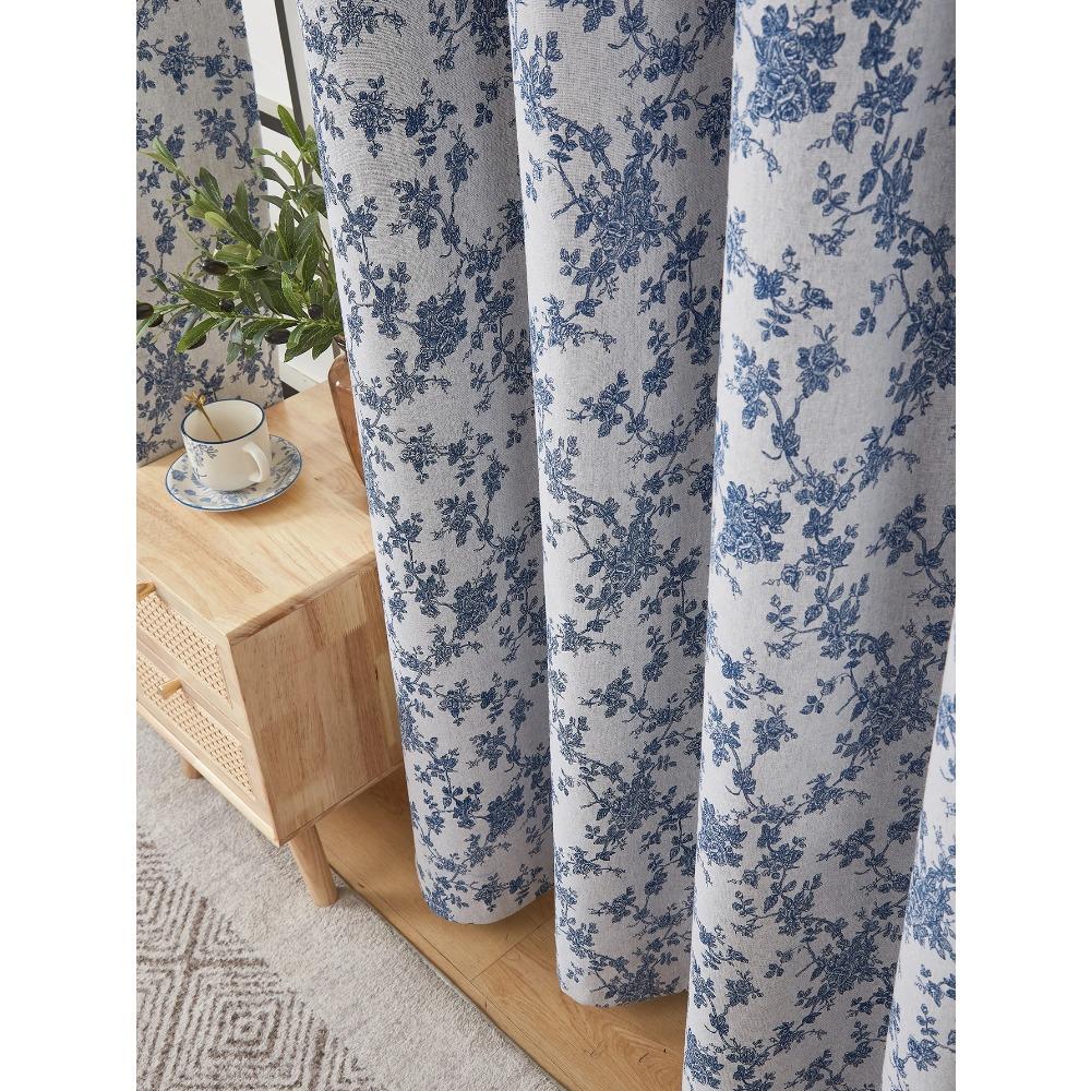 Blue Floral Full Blackout Perforated Curtain Suitable for Living Room and Bedroom Blackout Decoration Curtains