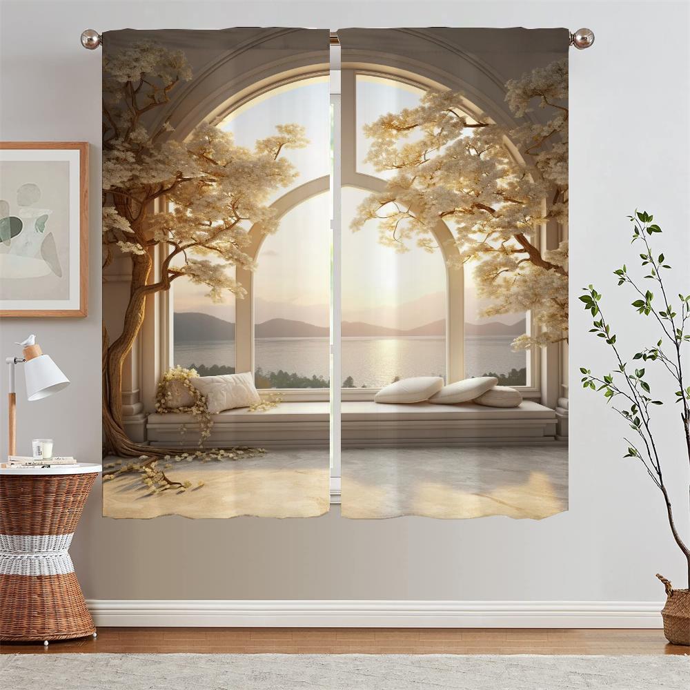 European Arch With Sea View Kitchen Curtain Tiebacks Elegant Room Curtains 2 Pcs Set Tulle for Living Room Decoration Blinds