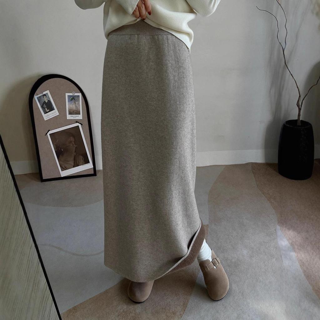 Women's Winter Velvet High Waist Knit Midi Skirt - Thick, Slit, Loose Fit, Bodycon