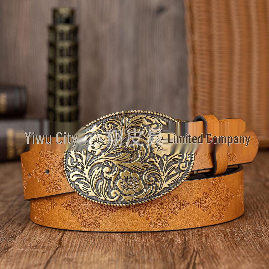 Western Cowboy Oval Belt with Carved Buckle - Stylish Unisex PU Leather Waist Accessory