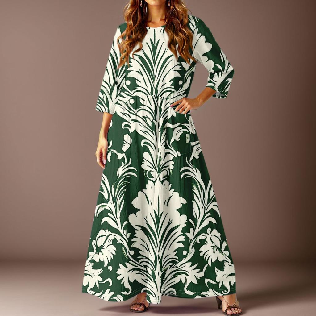 Damen Freizeitmode Blumenmuster Dreiviertelarm Langes Kleid mit Taschen