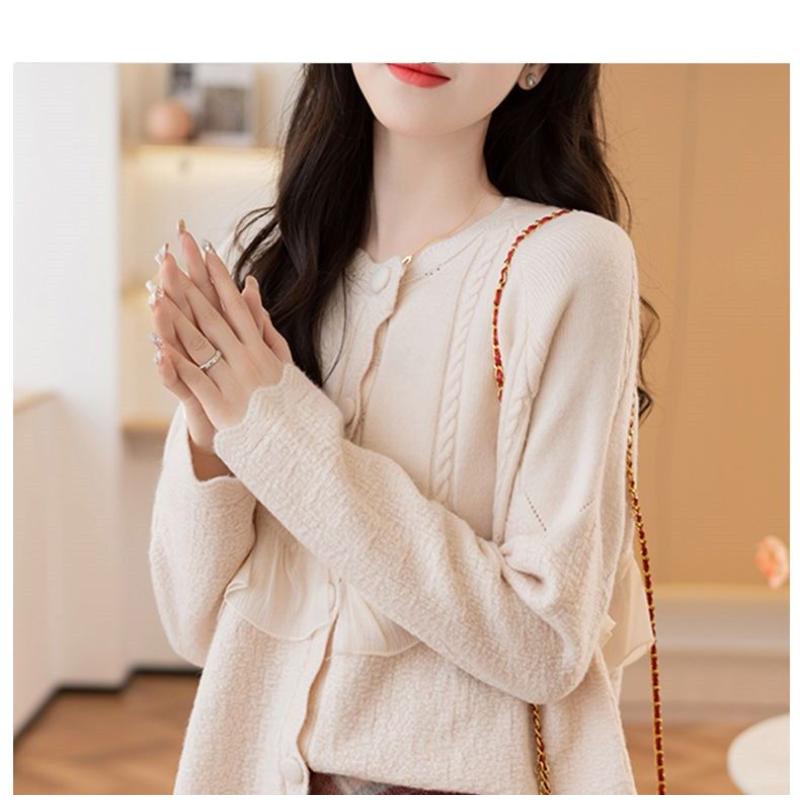 Lace Spliced Sweater Jacket for Women Round Neck Loose Outerwear Cardigan Long Sleeve Top