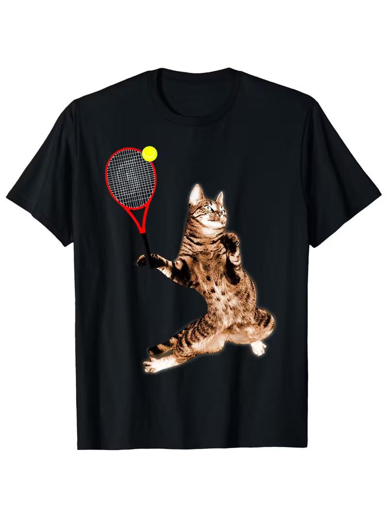 Men s & Women s Funny Tennis Cat Graphic T-Shirt - 180g Soft Cotton Breathable S S