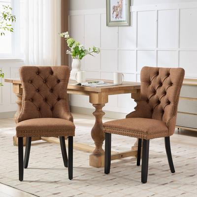 Nikki Collection Modern, Getufteter Massivholz-Leinen-Polsterstuhl mit Holzbeinen und Nagelkopfleiste, 2er-Set, Kaffeefarbe, DE6801CF